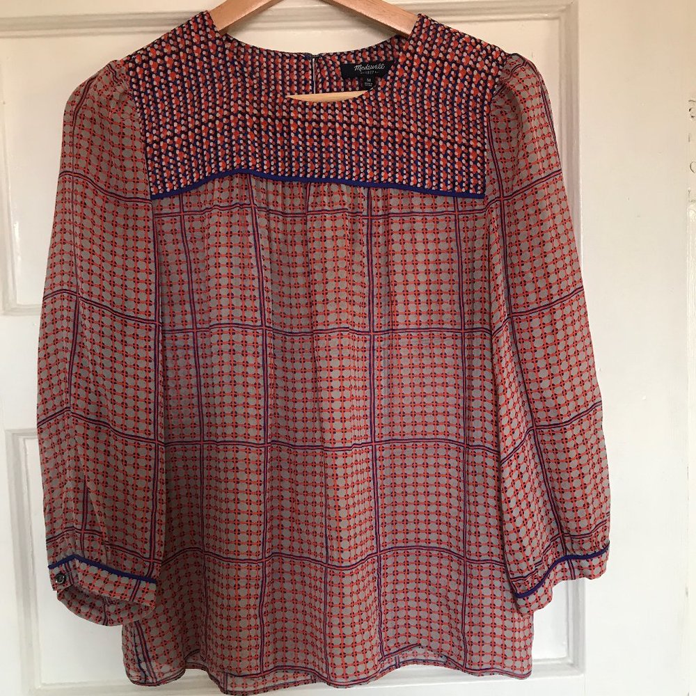 Madewell Orange & Blue Sheer Silk Printed Blouse